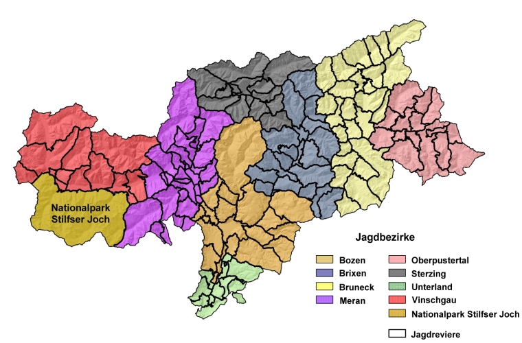 Karte Jagdbezirke und Jagdreviere Südtirols