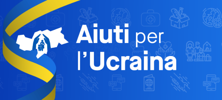 fondo azzurro e scritta aiuti per l'Ucraina