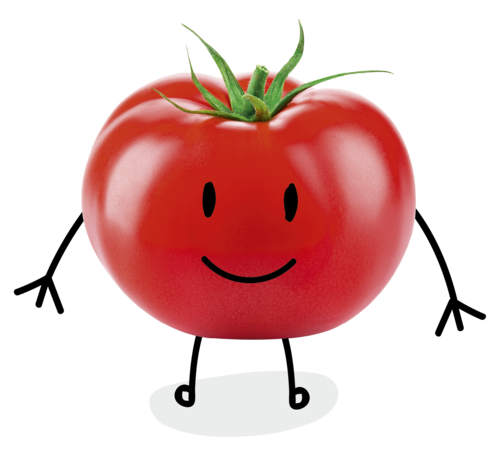 Tomate mit Gesicht, Armen und Beinen