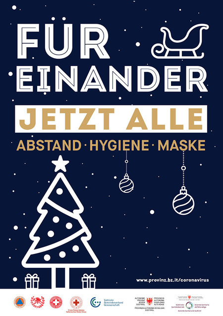 Weihnachtskarte - FÜR EINANDER JETZT ALLE ABSTAND - HYGIENE - MASKE www.provinz.bz.it/coronavirus