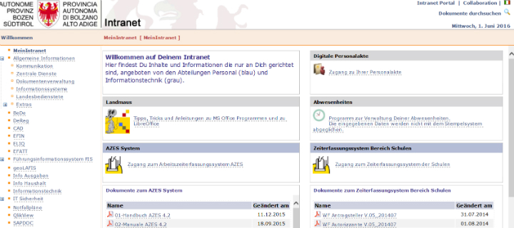 Screenshot der Intranet-Seite mit Zugang zur Digitalen Personalakte